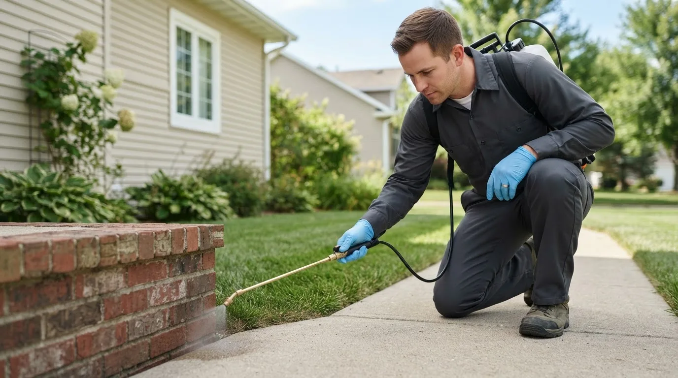 Pest control technician treating a home near South Hutchinson, KS